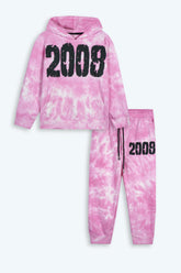 Kids Pink Tie & Dye Tracksuit – 100% Cotton Terry Hoodie & Joggers Set